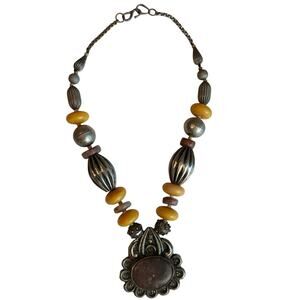 Tribal Artisan Necklace Ribbed Beads 18" Antique Style Pendant Boho Vintage